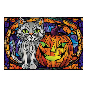 Stained Glass Halloween Cat and Jack-o-Lantern Poster