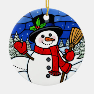 Stained Glass Happy Snowman Ceramic Ornament