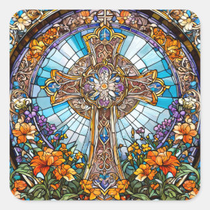 Stained Glass Holy Cross with Flowers Square Sticker
