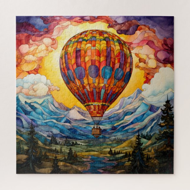 Stained Glass Hot Air Balloon Sunset Mountains Jigsaw Puzzle (Vertical)