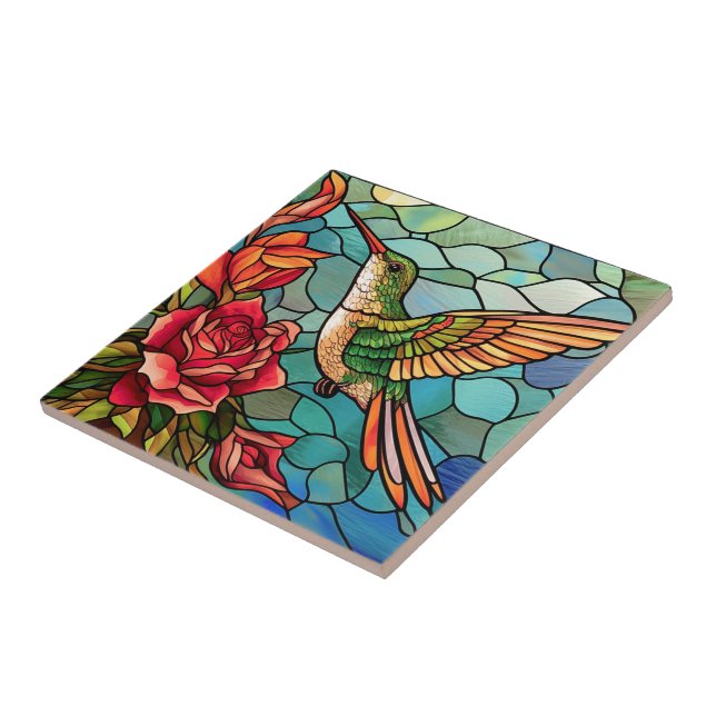 Stained Glass Hummingbird Floral Ceramic Tile (Side)