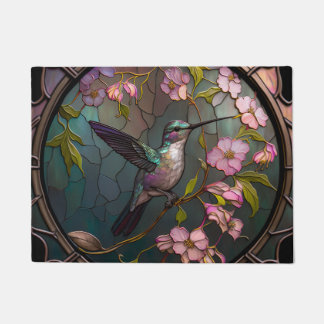 Stained Glass Hummingbird Pattern Spring Flowers Doormat