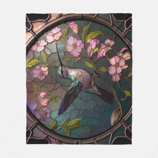 Stained Glass Hummingbird Pattern Spring Flowers Fleece Blanket (Front)