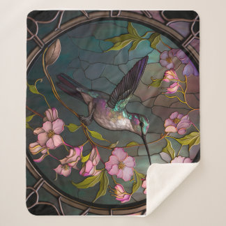 Stained Glass Hummingbird Pattern Spring Flowers Sherpa Blanket