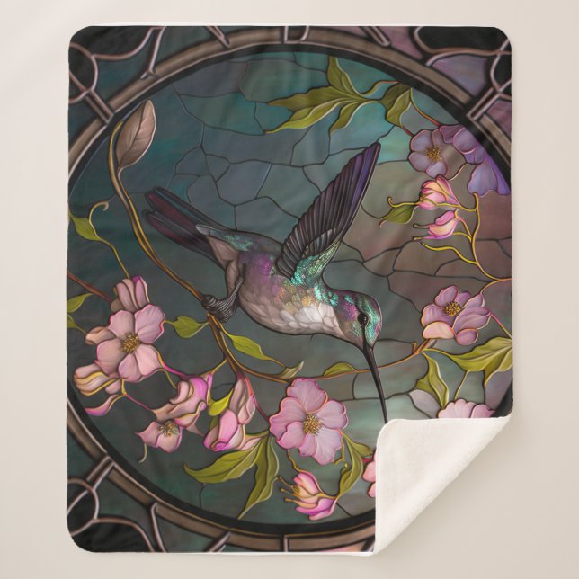 Stained Glass Hummingbird Pattern Spring Flowers Sherpa Blanket (Front)