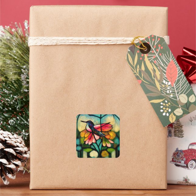 Stained glass hummingbird square sticker (Holiday)