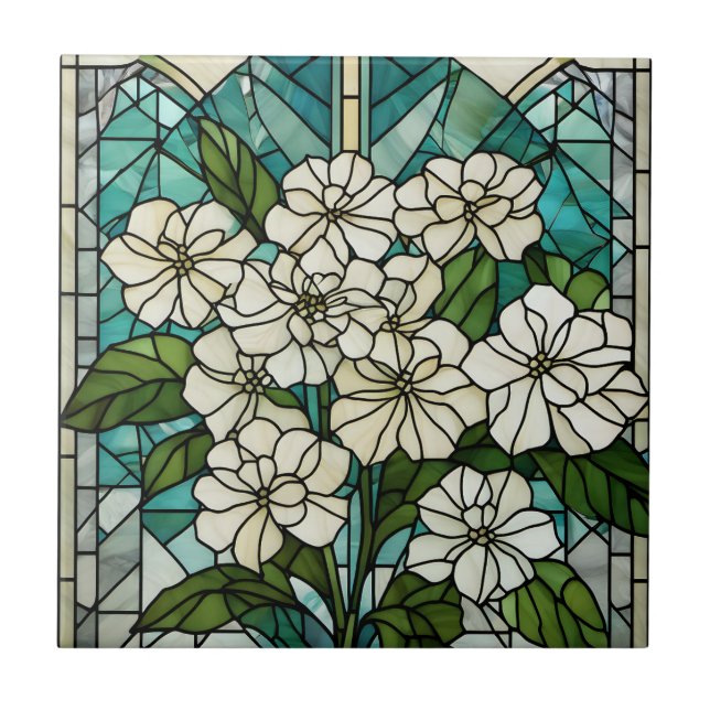 Stained Glass Hydrangea Illustration  Ceramic Tile (Front)