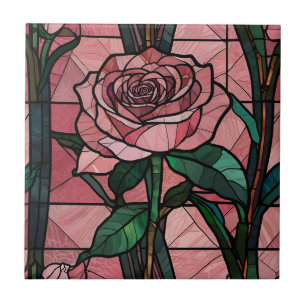 Stained Glass Illustration of a Pink Rose Ceramic Tile