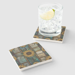 Stained Glass Illustration Sunflower Pattern Stone Coaster