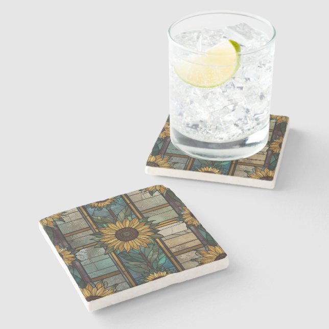 Stained Glass Illustration Sunflower Pattern Stone Coaster (Side)