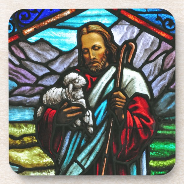 Stained glass image of Jesus and lambs Coaster (Front)
