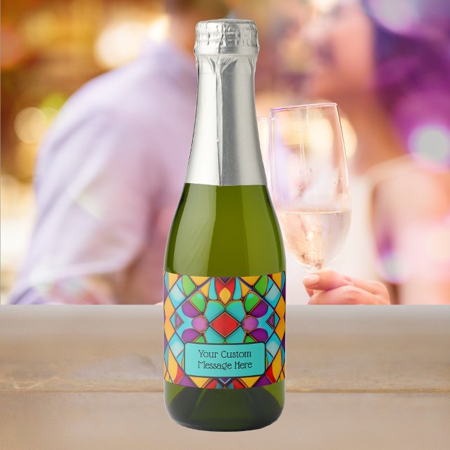 Stained Glass in Cheerful Colours with your messag Sparkling Wine Label (Creator Uploaded)