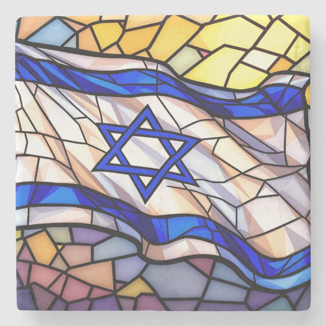 Stained Glass Israel Flag Mosaic Judaica Art  Stone Coaster (Front)