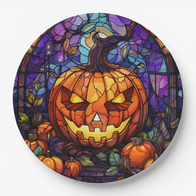 Stained Glass Jack-o'-Lantern: Spooky Elegance Paper Plate (Front)