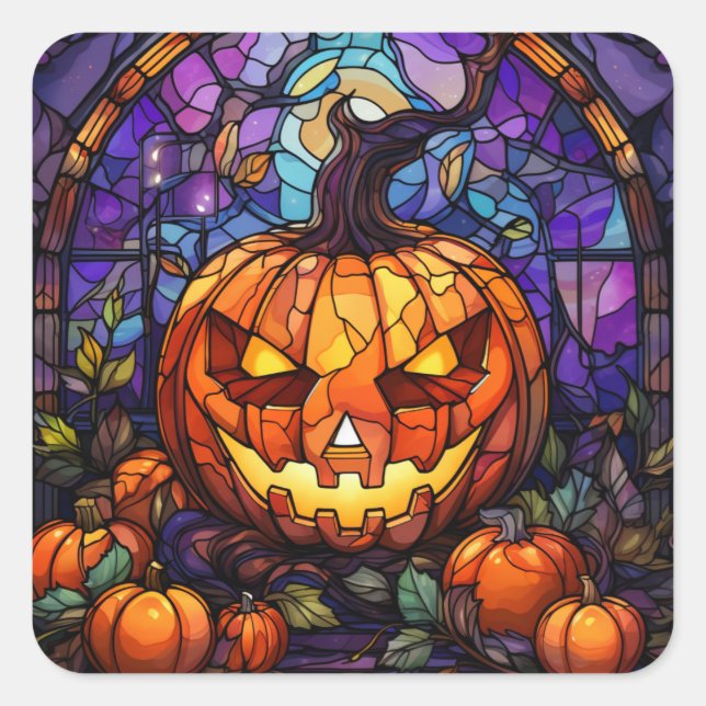 Stained Glass Jack-o'-Lantern: Spooky Elegance Square Sticker (Front)