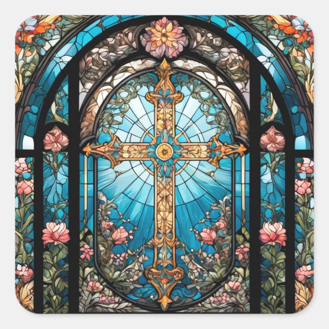 Stained Glass Jesus on Cross with Flowers Square Sticker (Front)