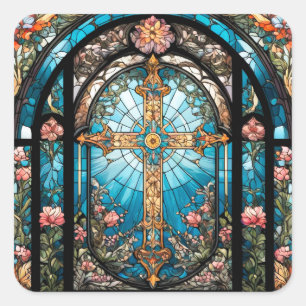 Stained Glass Jesus on Cross with Flowers Square Sticker
