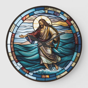 Stained Glass Jesus Walking on Water Design Clock