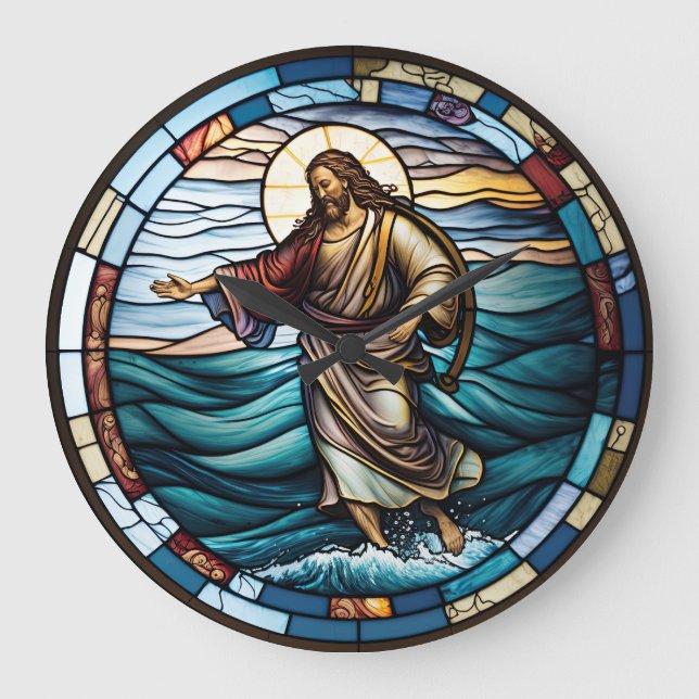 Stained Glass Jesus Walking on Water Design Clock (Front)