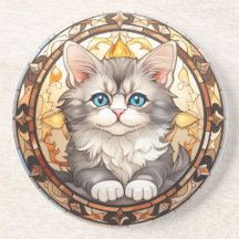 Stained Glass Kitten Elegant Blue-Eyed Cat Art