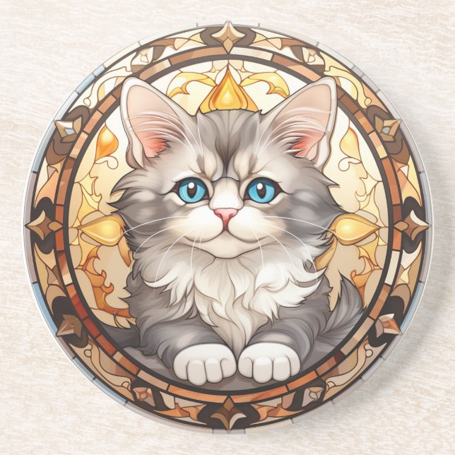 Stained Glass Kitten Elegant Blue-Eyed Cat Art Coaster (Front)