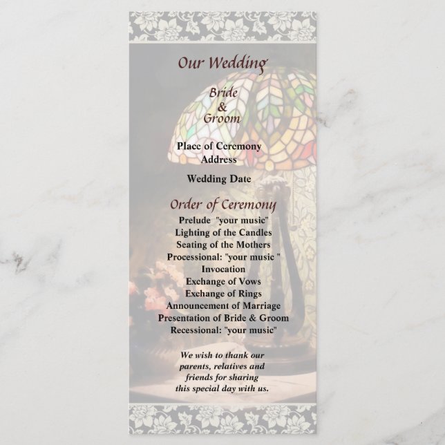 Stained Glass Lamp and Flowers Wedding Program (Front)