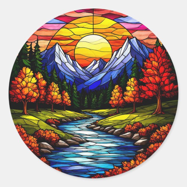 Stained Glass Landscape Classic Round Sticker (Front)