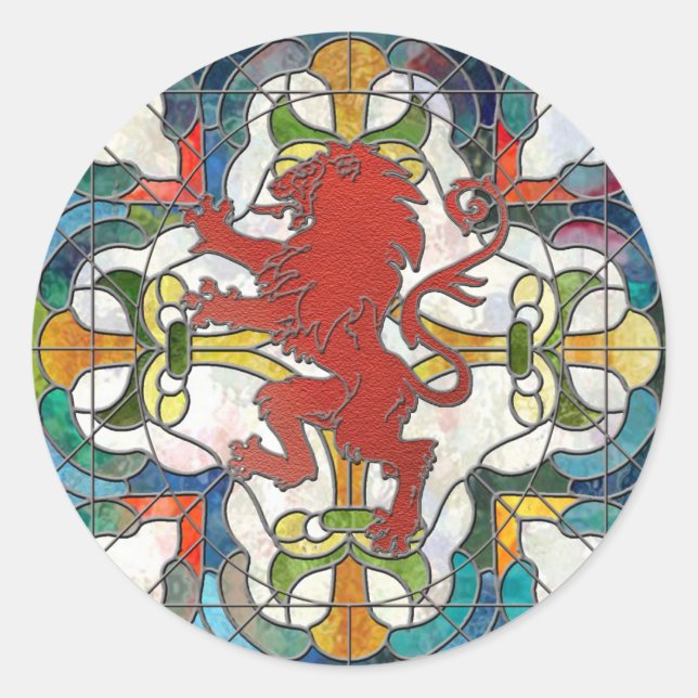 Stained Glass Lion Crest Classic Round Sticker (Front)