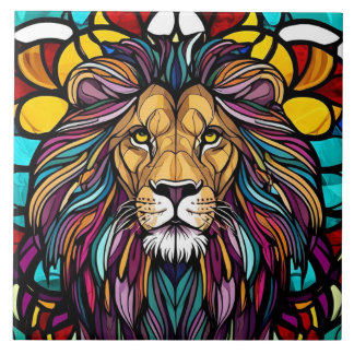 Stained Glass Lion Illustration  Ceramic Tile