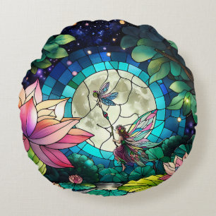 Stained Glass Little Fairy With Dragonfly Round Cushion