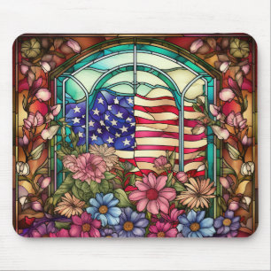 STAINED GLASS LOOK AMERICAN FLAG AND FLOWERS MOUSE PAD