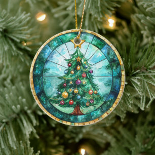 Stained Glass Look Christmas Tree & Star Holiday Ceramic Ornament