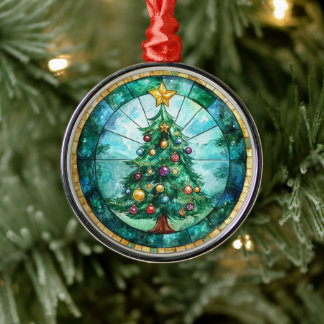 Stained Glass Look Christmas Tree & Star Holiday Metal Ornament