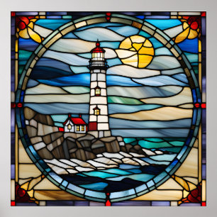 Stained Glass Look Coastal Lighthouse Downloadable Poster
