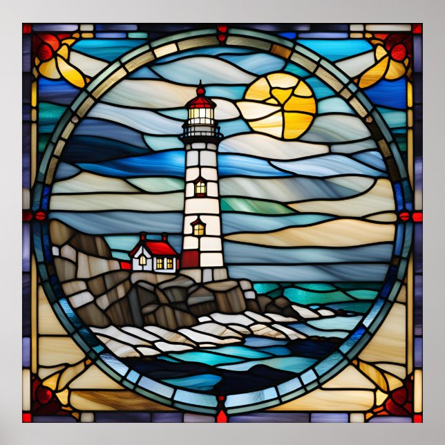 Stained Glass Look Coastal Lighthouse Downloadable Poster (Front)