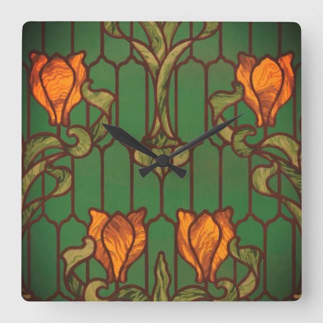 Stained glass look floral art nouveau flowers  square wall clock (Front)