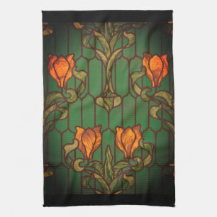 Stained glass look floral art nouveau flowers  tea towel