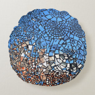 Stained Glass look mosaic abstract blue brown  Round Cushion