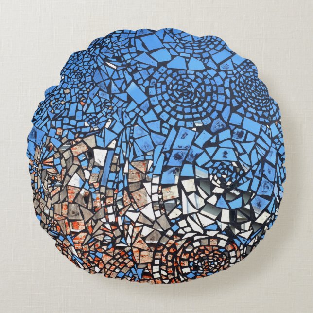 Stained Glass look mosaic abstract blue brown  Round Cushion (Front)