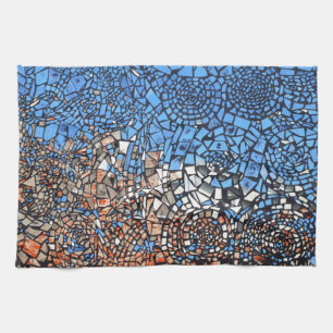 Stained Glass look mosaic abstract blue brown Tea Towel