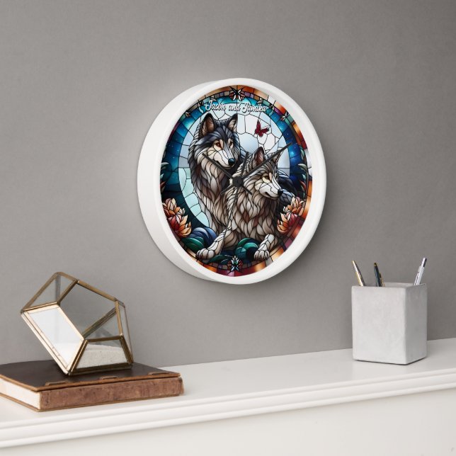 Stained Glass Look Wolf Pair Clock (Office)