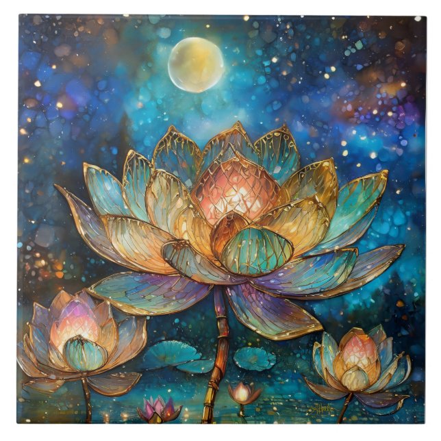 Stained Glass Lotus Blossoms in the Moonlight Ceramic Tile (Front)