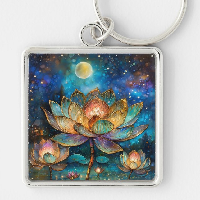 Stained Glass Lotus Blossoms in the Moonlight Key Ring (Front)