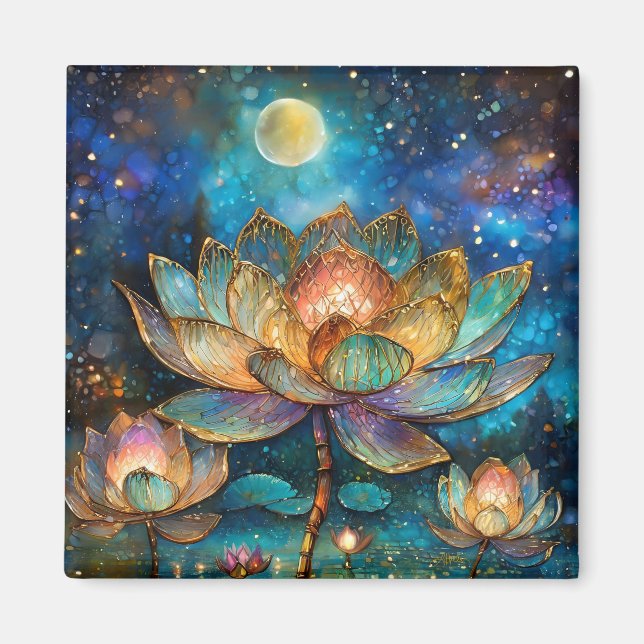 Stained Glass Lotus Blossoms in the Moonlight Magnet (Front)