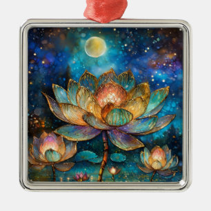 Stained Glass Lotus Blossoms in the Moonlight Metal Ornament