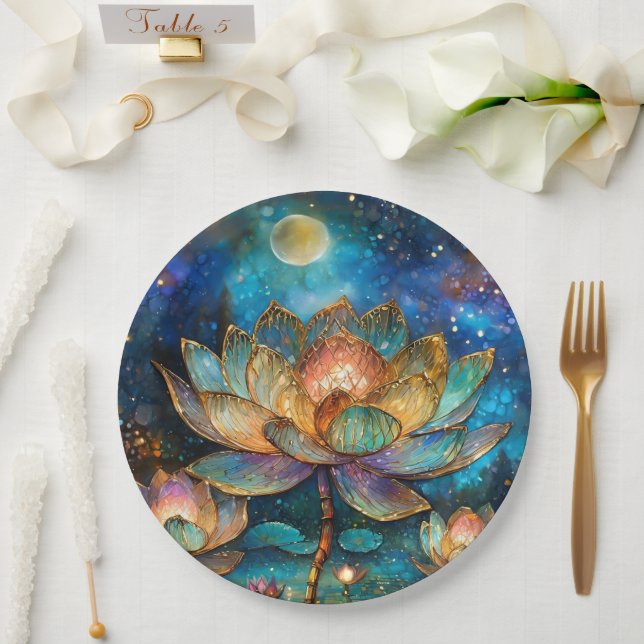 Stained Glass Lotus Blossoms in the Moonlight Paper Plate (Wedding)