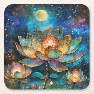 Stained Glass Lotus Blossoms in the Moonlight Square Paper Coaster