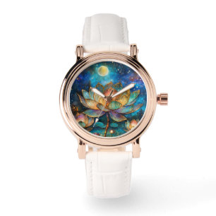 Stained Glass Lotus Blossoms in the Moonlight Watch