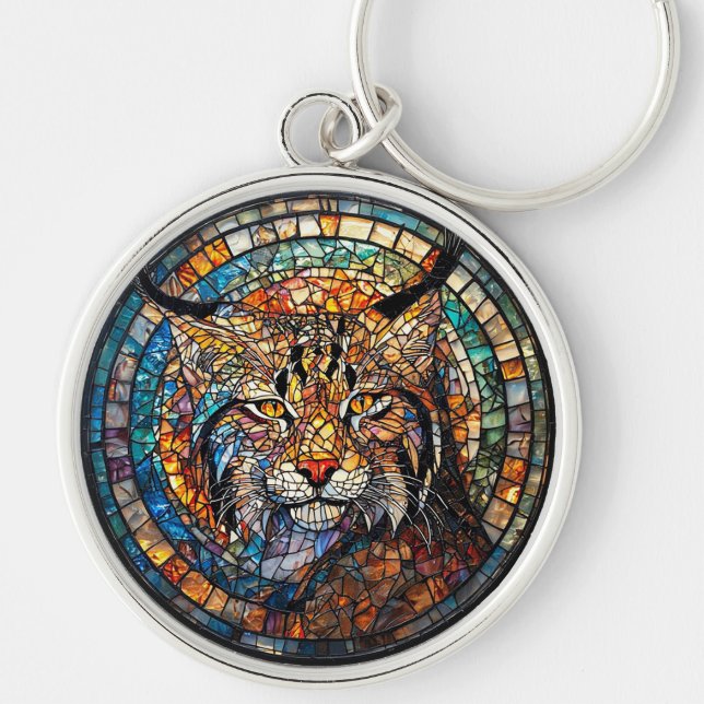 Stained Glass Lynx Portrait Key Ring (Front)