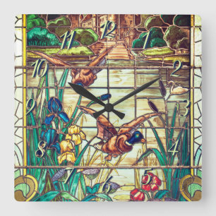Stained glass mallard ducks at the pond square wall clock